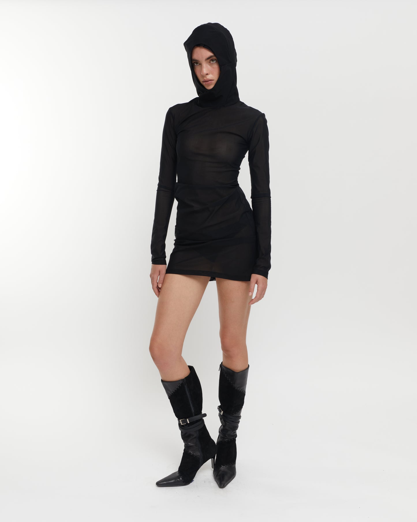 DOUBLE HOOD DRESS IN BLACK MESH