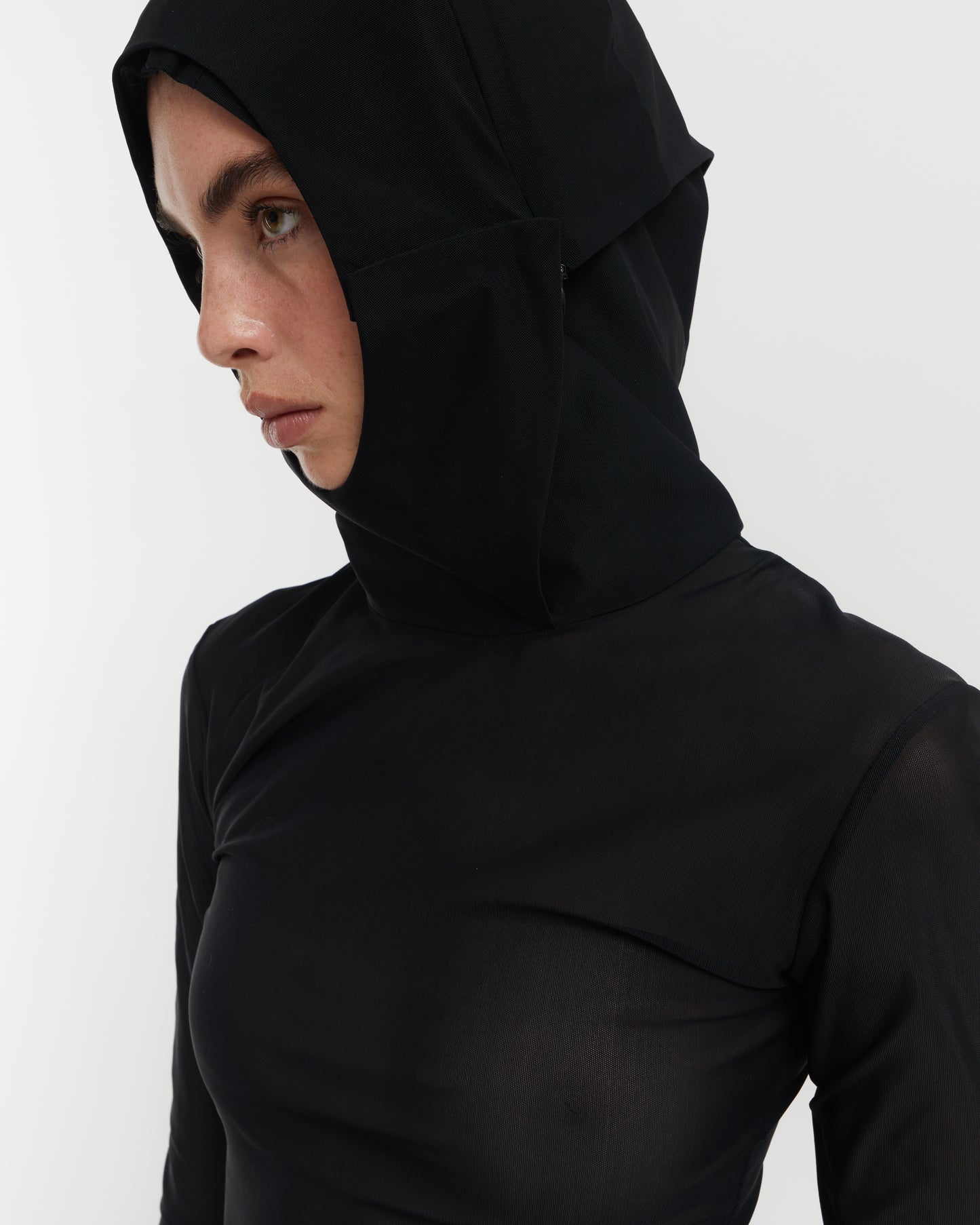 DOUBLE HOOD DRESS IN BLACK MESH