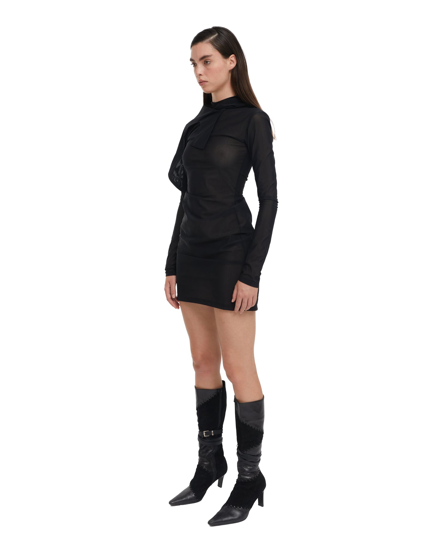 DOUBLE HOOD DRESS IN BLACK MESH