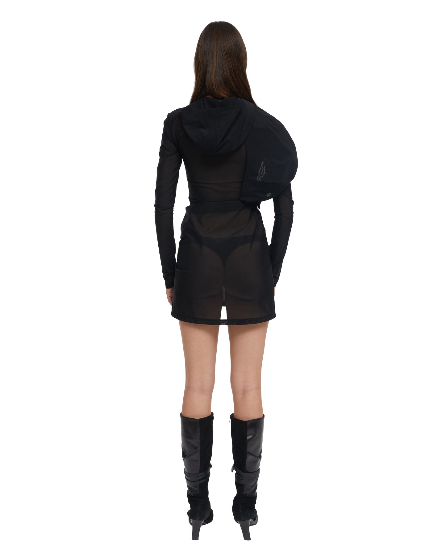 DOUBLE HOOD DRESS IN BLACK MESH