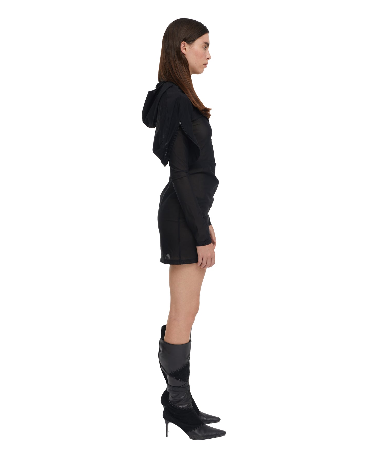 DOUBLE HOOD DRESS IN BLACK MESH