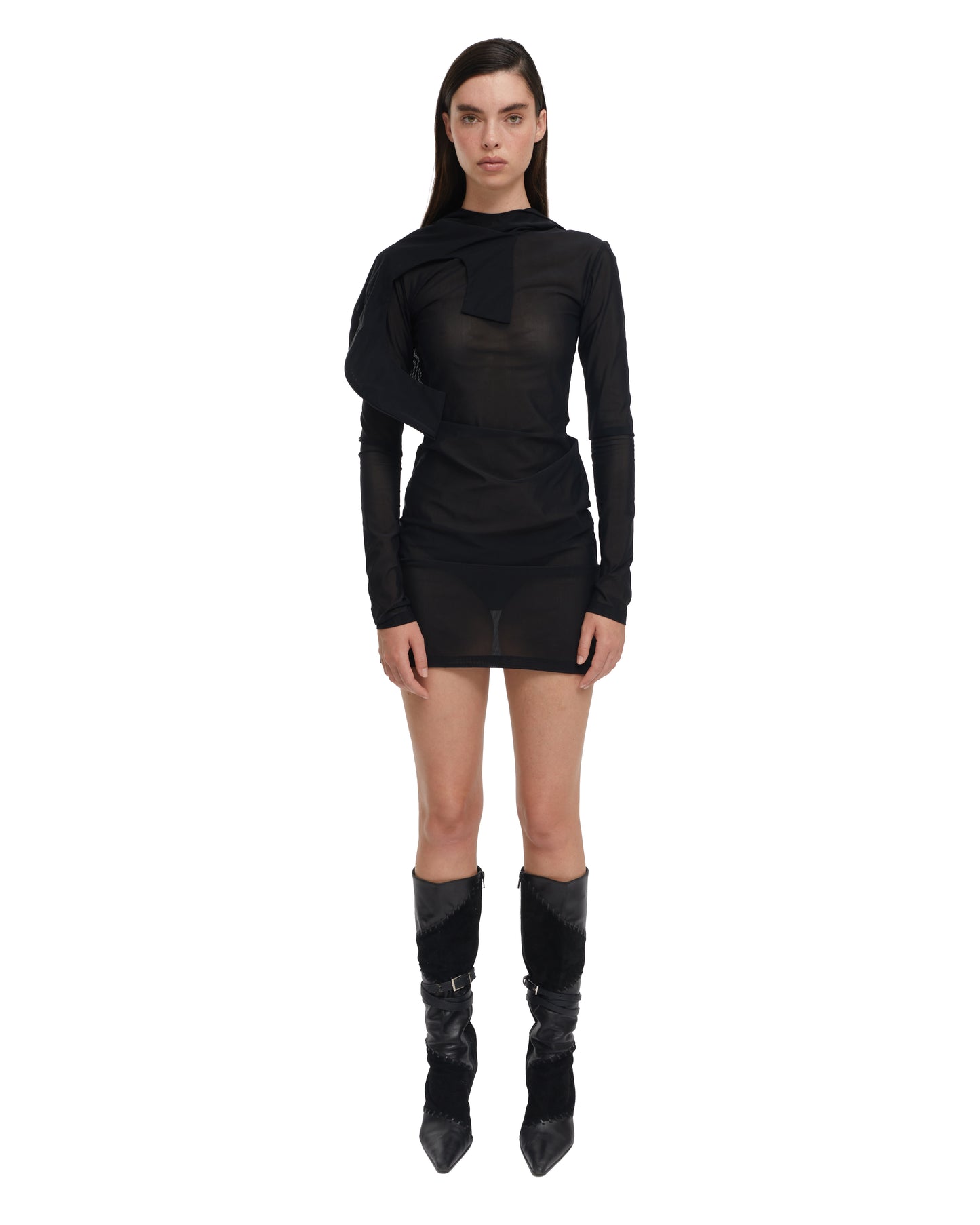 DOUBLE HOOD DRESS IN BLACK MESH