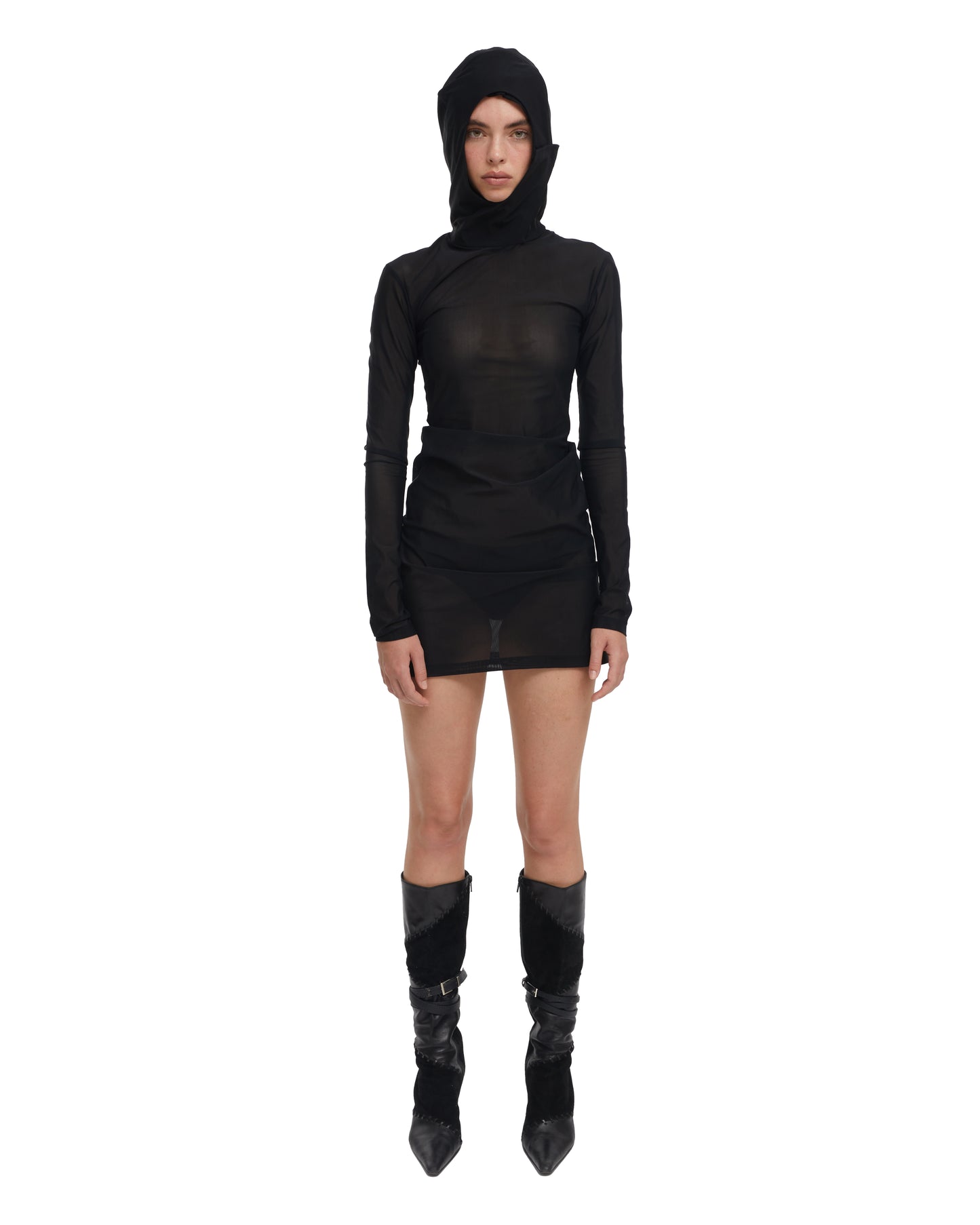 DOUBLE HOOD DRESS IN BLACK MESH