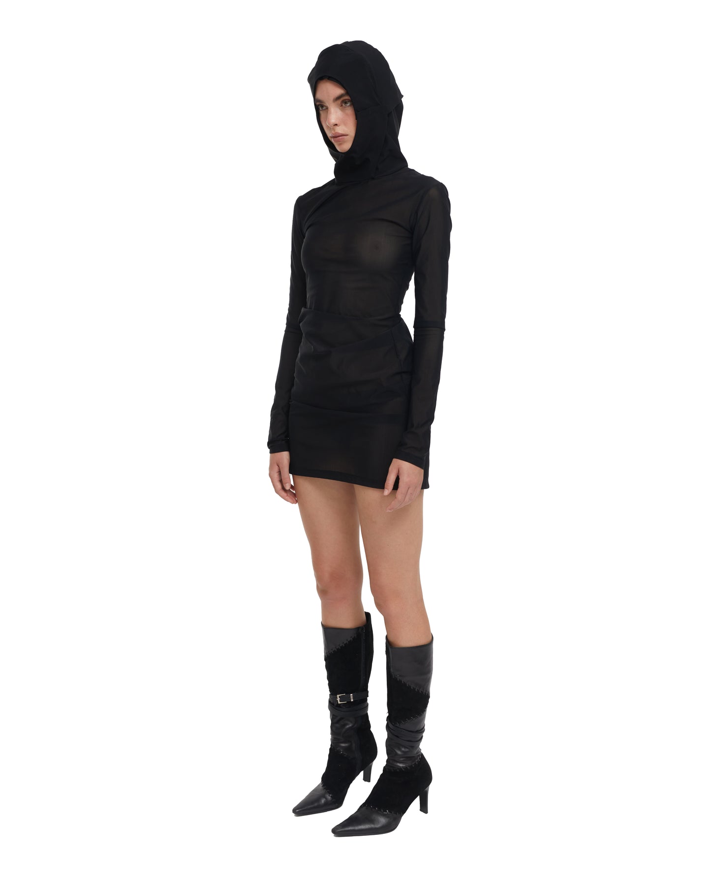 DOUBLE HOOD DRESS IN BLACK MESH